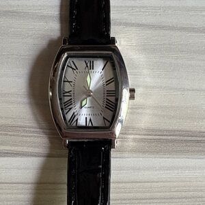 Black Leather Strap Silver Watch